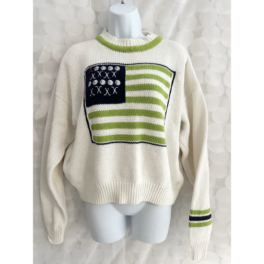Vintage 80’s Woman’s GOLF Sweater XL FLAG cream Golf Balls & Clubs Cropped